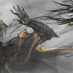 Digital drawing of a sylvari reaper sending off his "carrier raven," Oxidecimus the Shadow Raven, from Guild Wars 2.