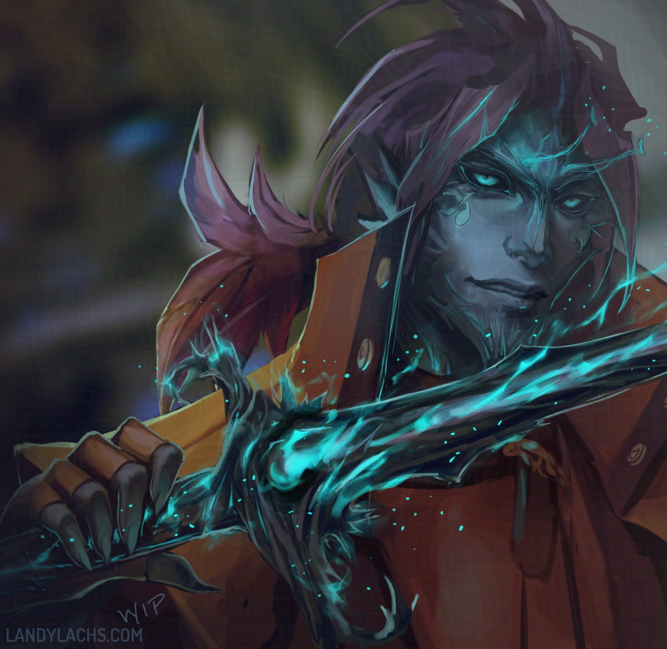 In-progress painting of Malyck from Guild Wars 2 wielding his "Crything Thorn" dagger while grinning toward the viewer.