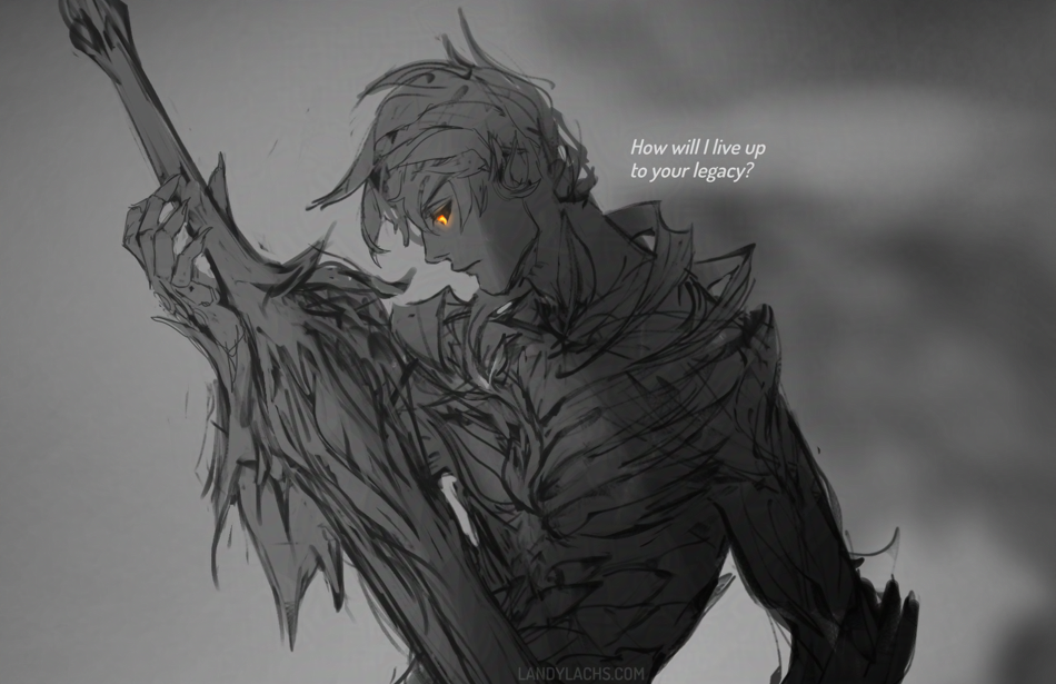 Monochromatic sketch drawing of the sylvari Trahearne from Guild Wars 2. He holds Caladbolg and views it solemnly. Text reads: "How will I live up to your legacy?"