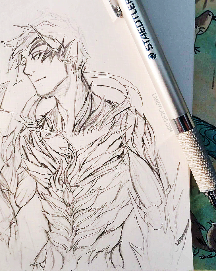 Paper sketch of Trahearne from Guild Wars 2. Drawn with a mechanical pencil. He looks pensively off-camera. Half-body cropping.