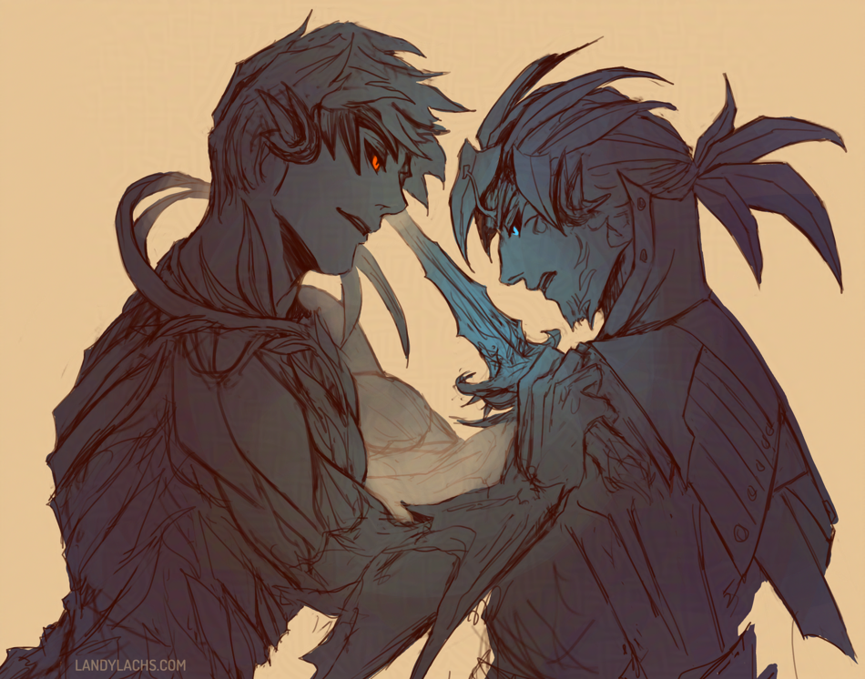 Sketch of Trahearne and Malyck from Guild Wars 2. Trahearne intimidates Malyck using Malyck's dagger.