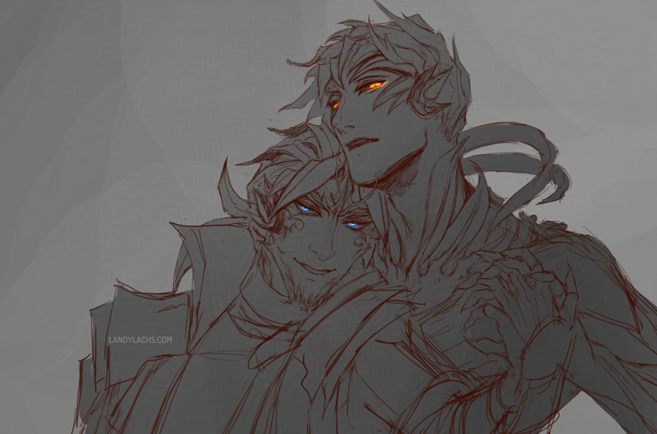 Slightly wider crop of the previous drawing, where we can see both characters' fingers are intertwined.