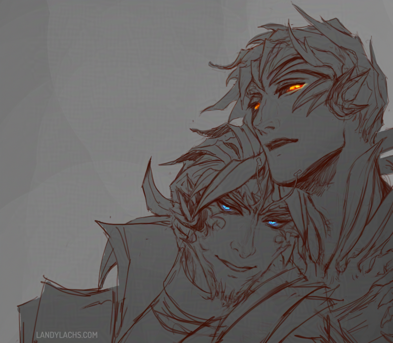 Monochromatic drawing with Trahearne and Malyck from Guild Wars 2. Accent colors for both characters' eyes - glowing orange for Trahearne, glowing cyan for Malyck. Malyck leans against Trahearne's shoulder.