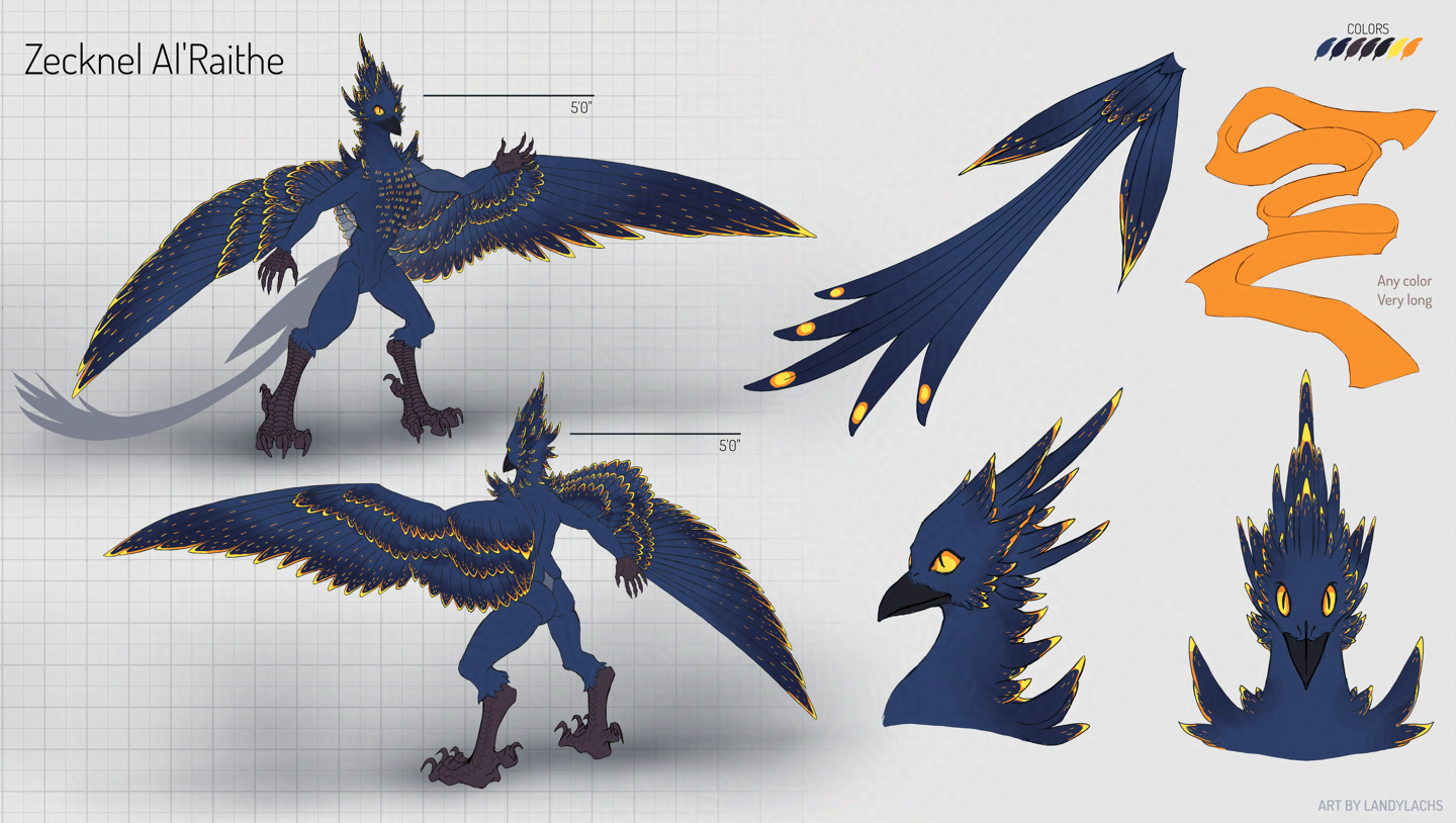 Color version of the previous ref sheet. The avian is richly clad in feathers of a darker, royal blue, with feather accents of gold and yellow. Eyes are also golden yellow. Scalesa and talons are a dark color. Scarf is orange, but text notes it can be any color, but is very long.