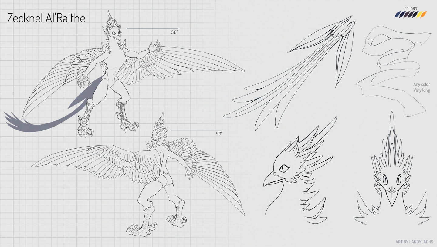Ref sheet drawing of an anthro avian character. Lineart. Full-body front and back views, a 3/4 bust, front-facing bust, tail cutout, a long scarf, and swatches in the shapes of feathers. Text for the character reads: Zecknel Al'Raithe.