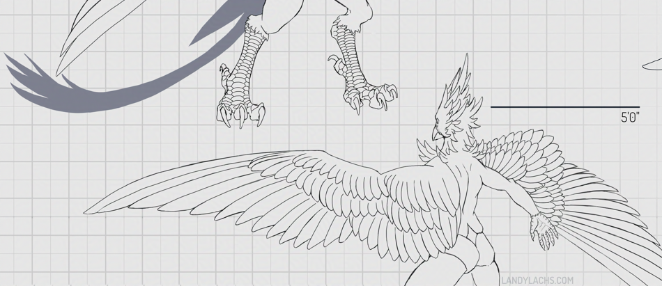 Reference sheet crop highlighting the scale and feather detail of an anthro avian character. Lineart.