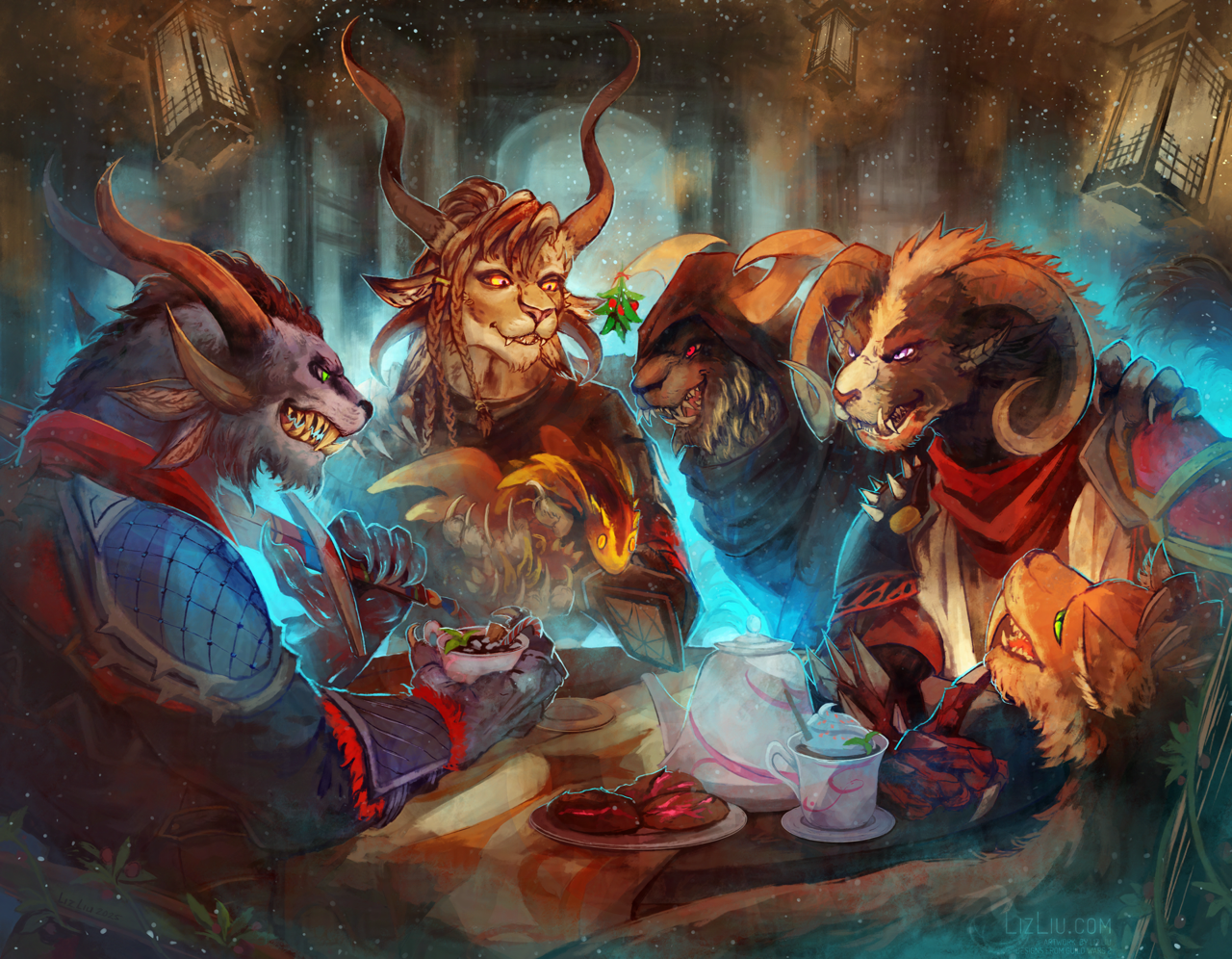 Illustration of a charr warband sitting around a tea table in the Red Duck Teahouse in Cantha. There is a festive Wintersday atmosphere.