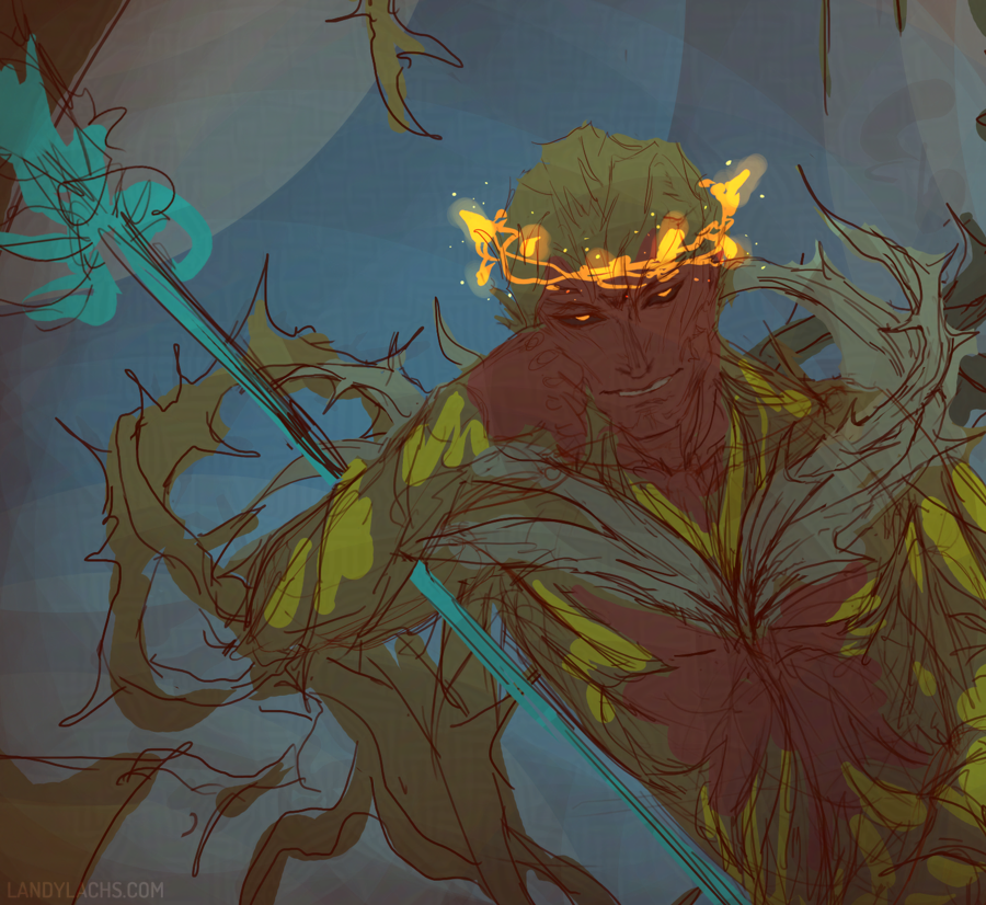 Loose sketch drawing of Cadeyrn from Guild Wars 2. He wears a crown of golden, glowing vine, as he slouches smugly against twisted thorns.