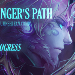 Banner art showing Malyck. Main text reads: "The Harbinger's Path - Print Book Progress"