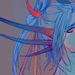 Colorful drawing of a male figure with his hair tied back. A trio of horns adorns each side of his head.