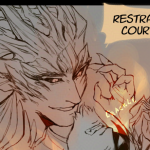 In-progress comic panel showing a sylvari too excited about what he's about to do next. Speech balloon reads, "Restrain him, courtier!"