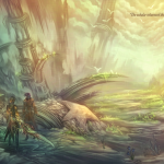 Illustration showing Trahearne and Malyck standing among the ruins of a cleansed Orr, Trahearne wielding Caladbolg Rosa.