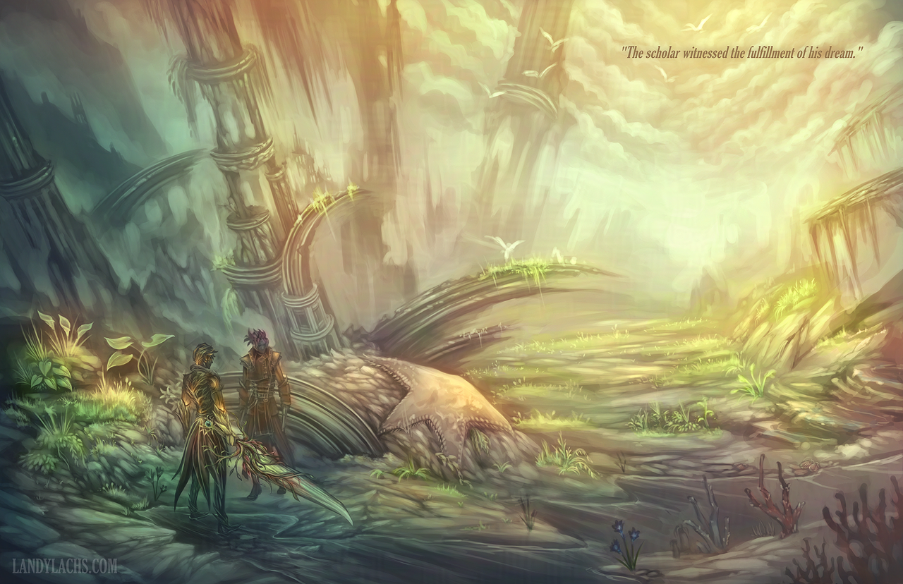 Illustration showing Trahearne and Malyck standing among the ruins of a cleansed Orr, Trahearne wielding Caladbolg Rosa.
