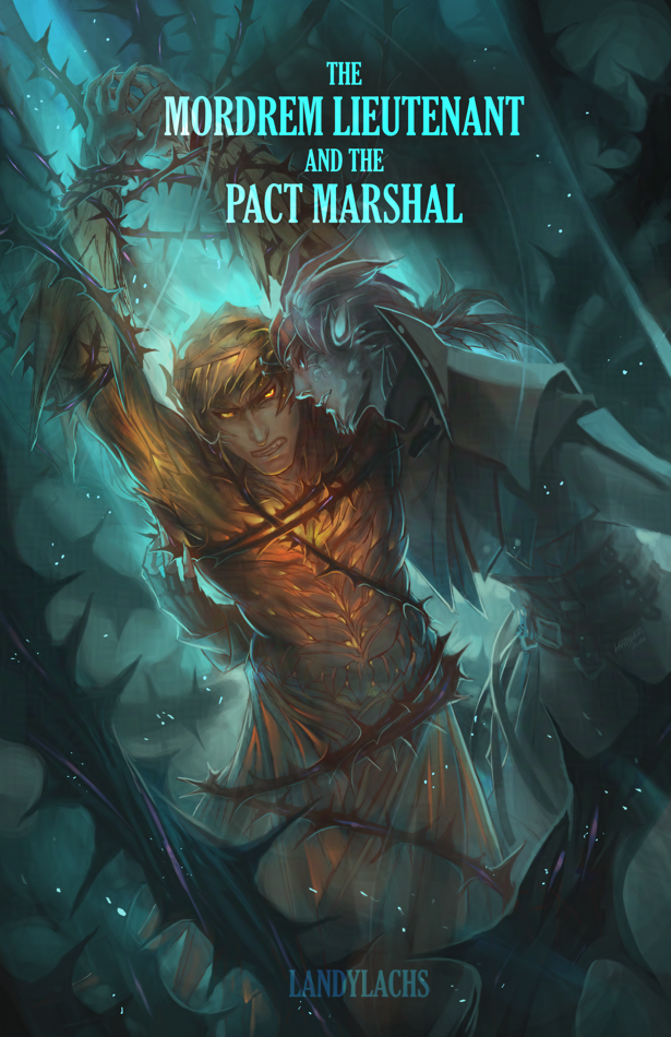 Cover art for "The Mordrem Lieutenant and the Pact Marshal" bonus booklet which accompanies The Harbinger's Path Trahearne & Malyck fan comic. Malyck taunts an imprisoned Trahearne bound by thorned vines.