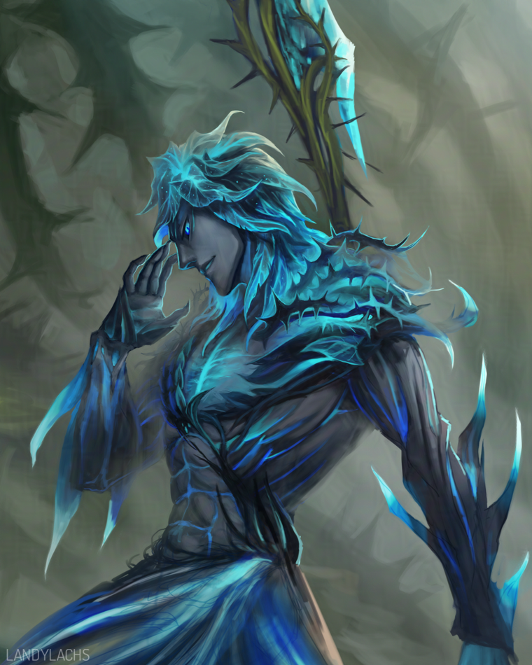 Cropped painting of a Guild Wars 2 sylvari with a cool-toned color scheme.
