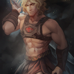 Loose painting of Adam Glenn, a.k.a "He-Man," from Masters of the Universe. He holds the Sword of Power over his shoulder, as if sheathing or unsheathing it from behind his back.