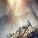 A single sylvari atop a tall rock pillar. Kites from "The Festival of the Four Winds" float in the far distance.