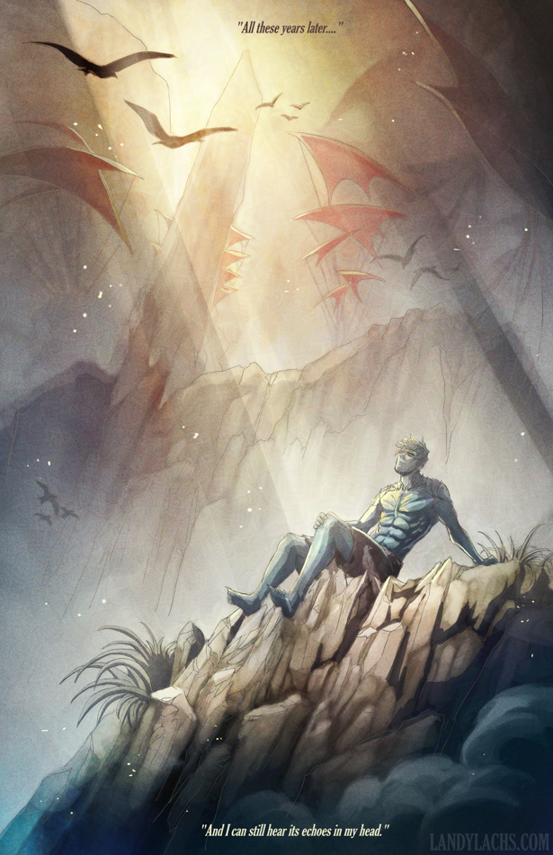 A single sylvari atop a tall rock pillar. Kites from "The Festival of the Four Winds" float in the far distance.