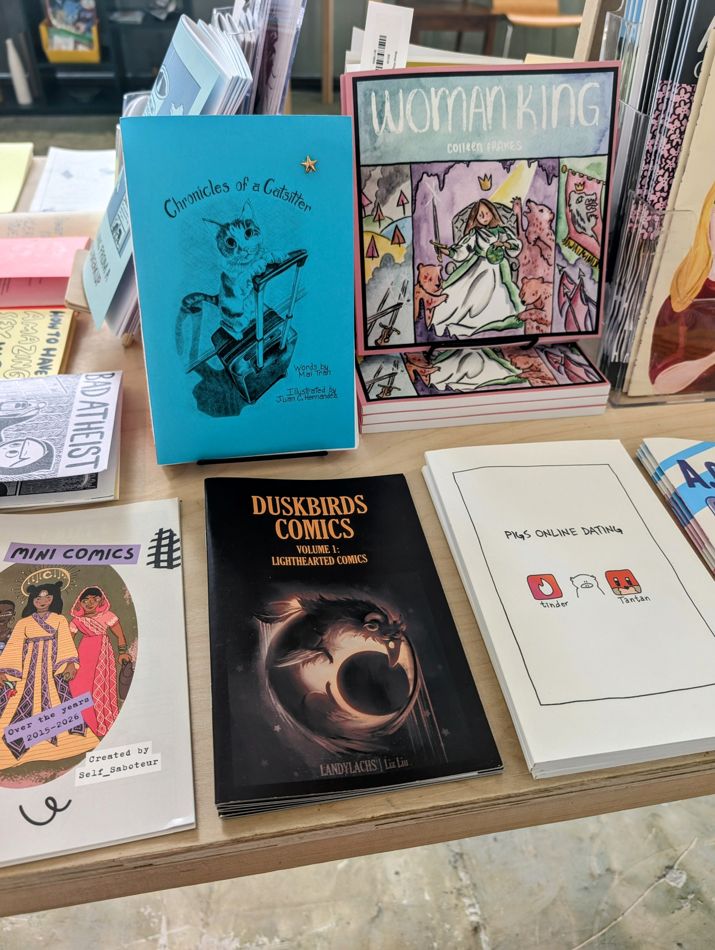 Photograph of an assortment of zines from "Paper Pushers Print Shop" by the Seattle Printers Guild.