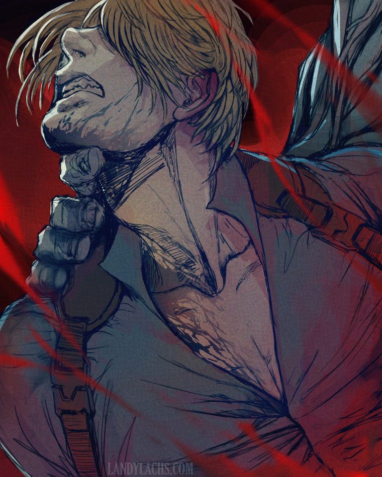 Drawing of Leon Kennedy from Resident Evil: Requiem being attacked by the "Tyrant." The Tyrant is mostly off-camera; we see only a glimpse of his arm and hand, which grasp Leon.