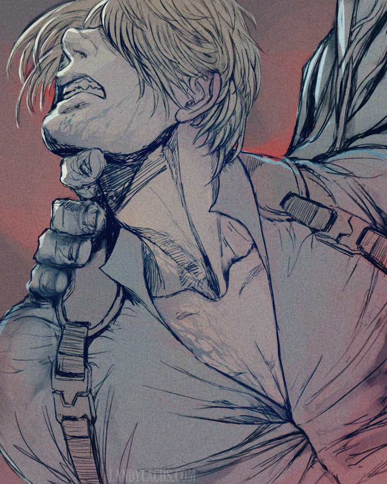 Drawing of Leon Kennedy from Resident Evil: Requiem being attacked by the "Tyrant." The Tyrant is mostly off-camera; we see only a glimpse of his arm and hand, which grasp Leon.