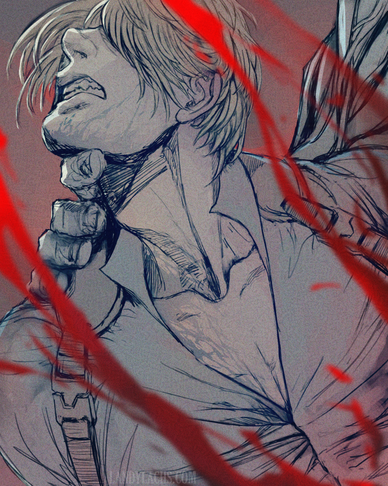 Drawing of Leon Kennedy from Resident Evil: Requiem being attacked by the "Tyrant." The Tyrant is mostly off-camera; we see only a glimpse of his arm and hand, which grasp Leon.